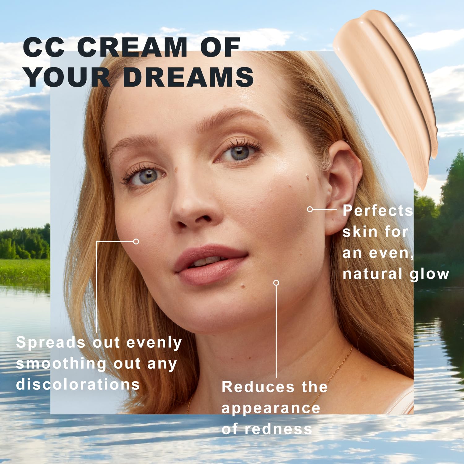 Lumene CC Cream glow-finish closeup conveys dewy radiance and redness reduction with Lingonberry.