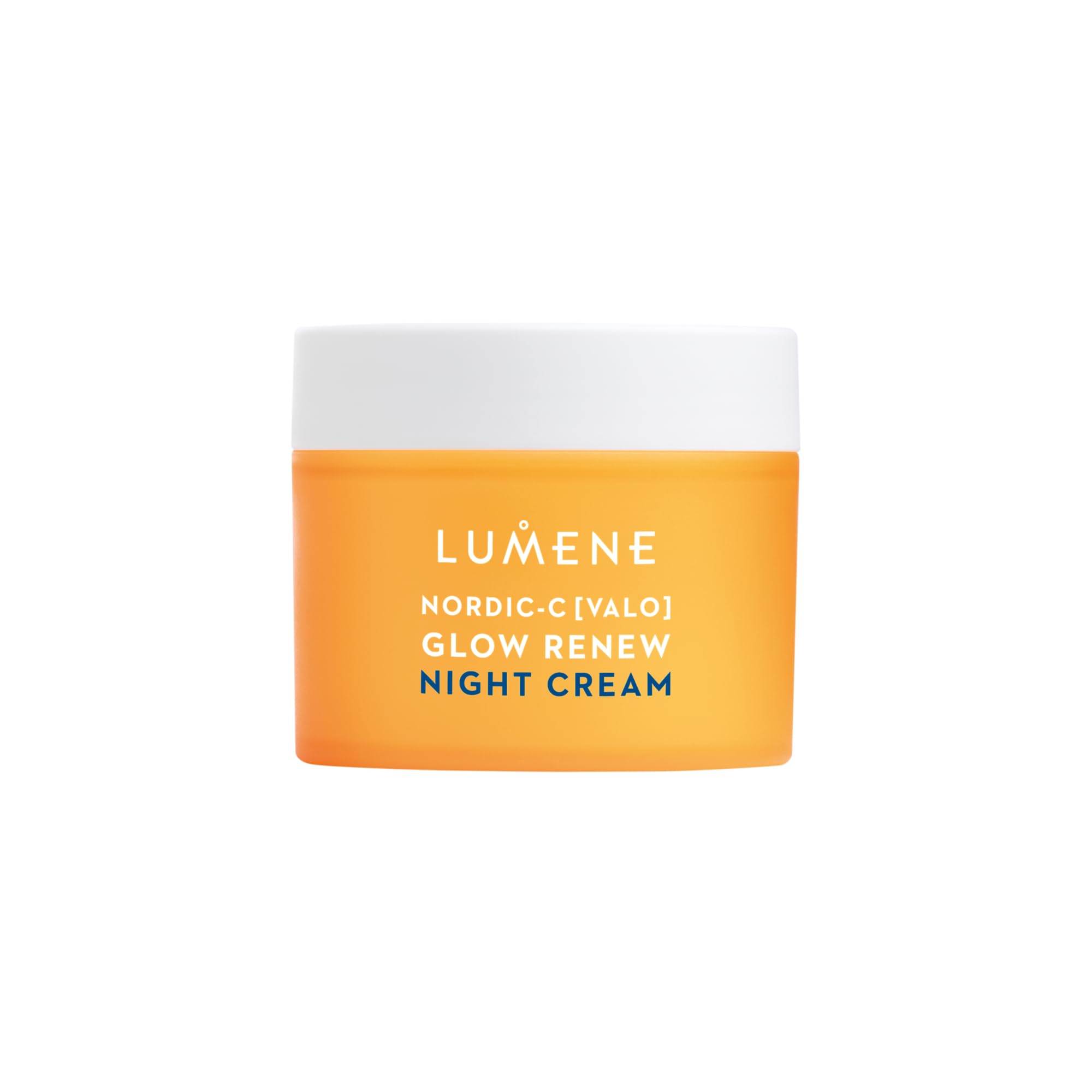 Lumene Nordic-C Valo Glow Renew Night Cream jar promoting overnight radiance.