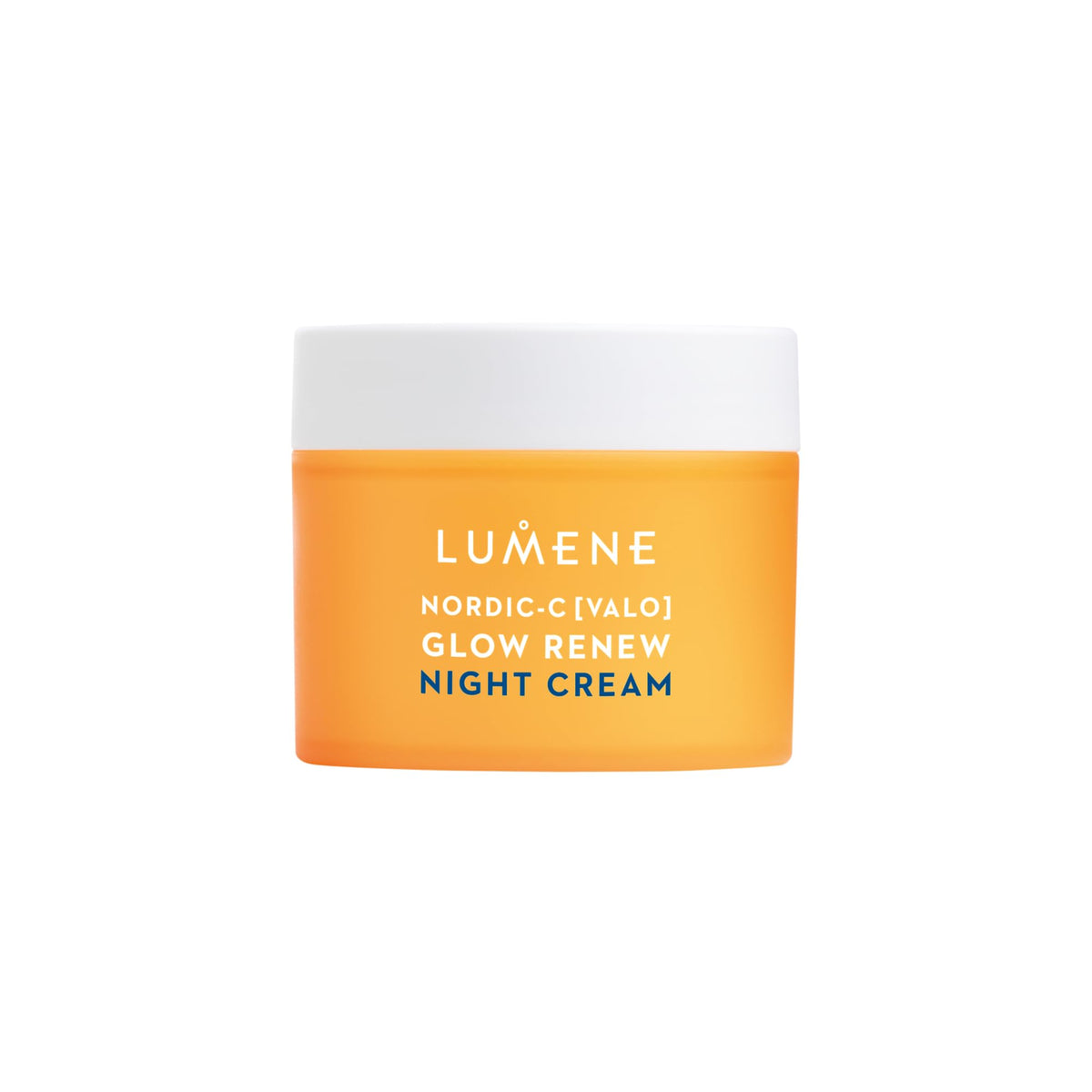 Lumene Nordic-C Valo Glow Renew Night Cream jar promoting overnight radiance.