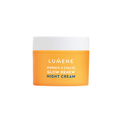 Lumene Nordic-C Valo Glow Renew Night Cream jar promoting overnight radiance.