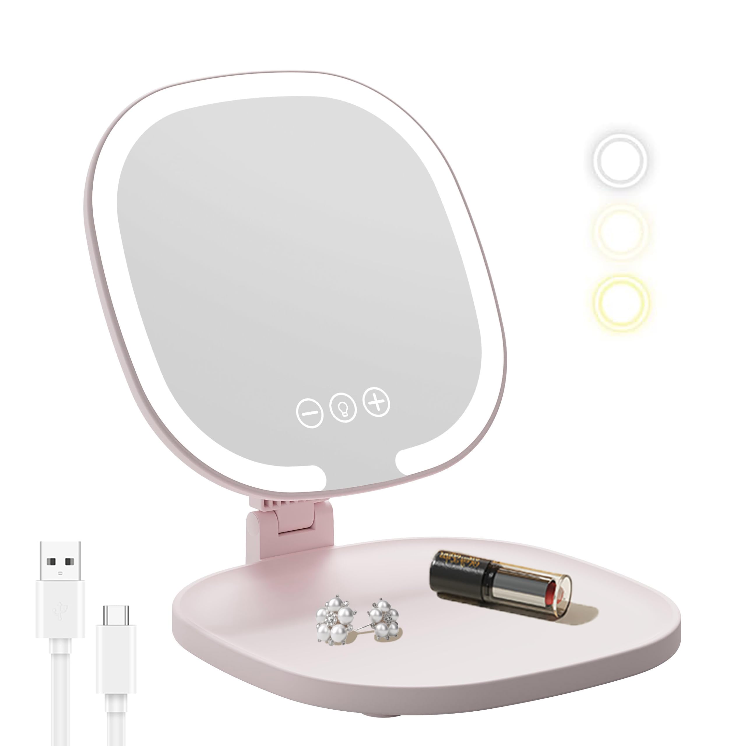Lumicll rechargeable LED travel makeup mirror in pink with foldable design for on-the-go grooming.
