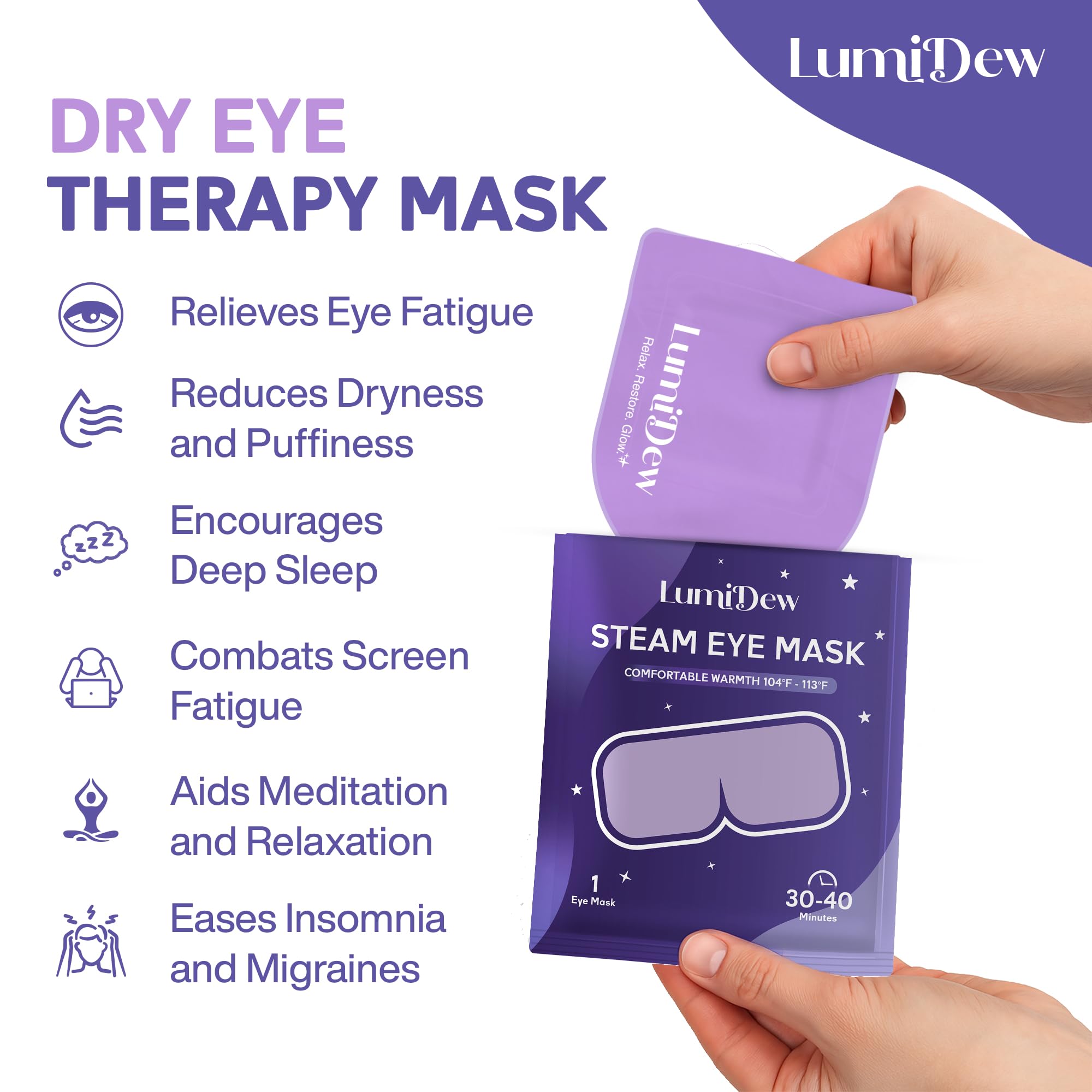 LumiDew Steam Eye Mask in box highlights convenient single use packaging for on the go