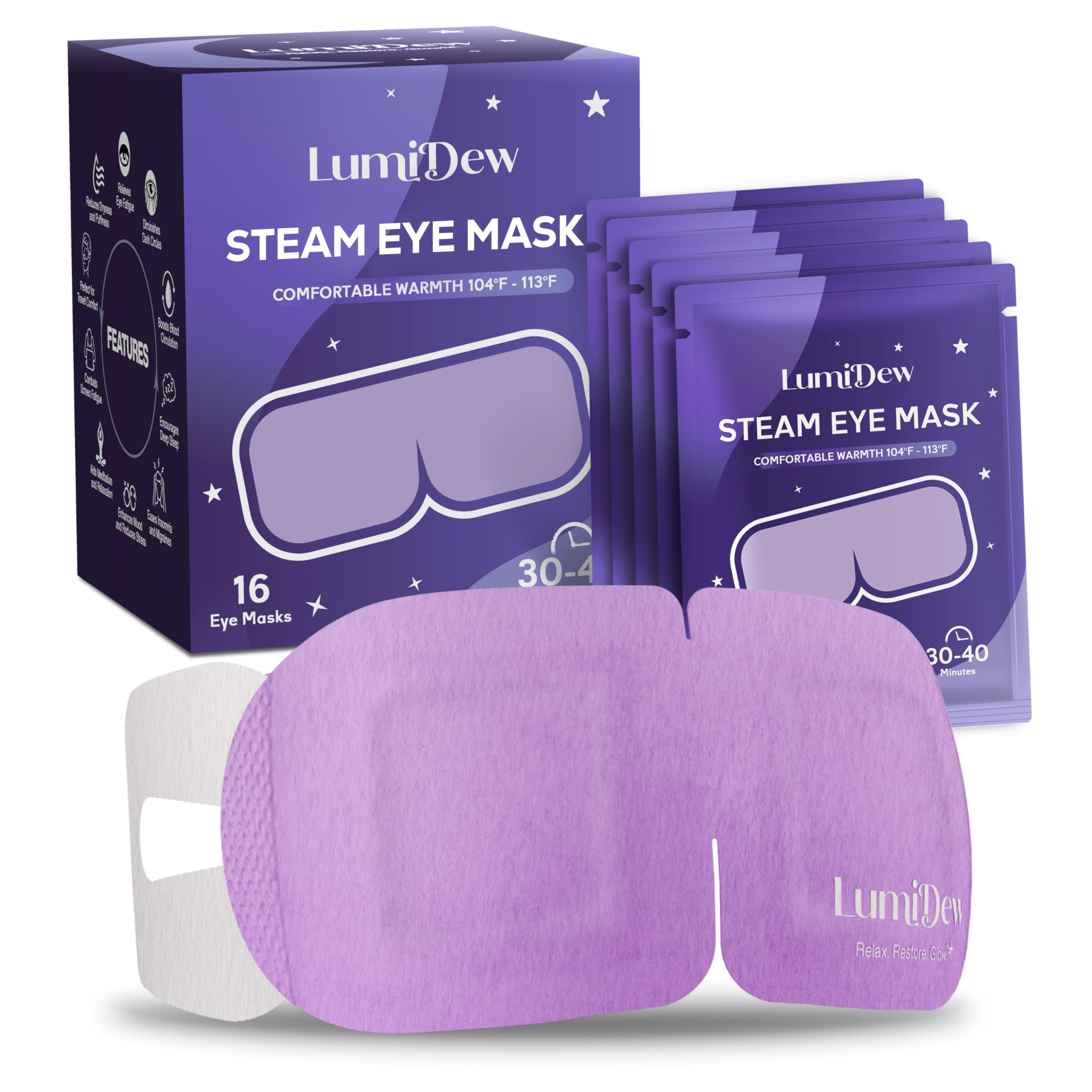 LumiDew Steam Eye Mask packaging shows self heating technology for travel ready relief