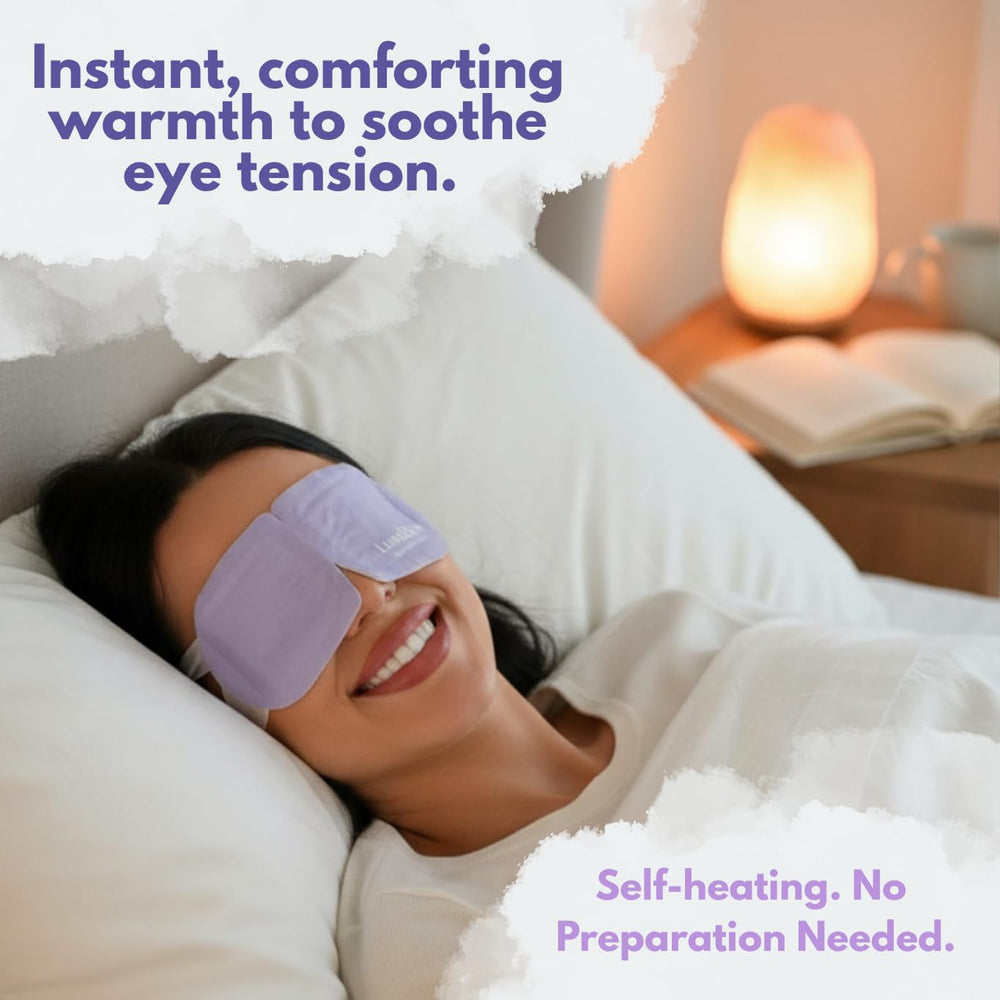 LumiDew Steam Eye Mask worn over eyes providing gentle warmth for restful downtime