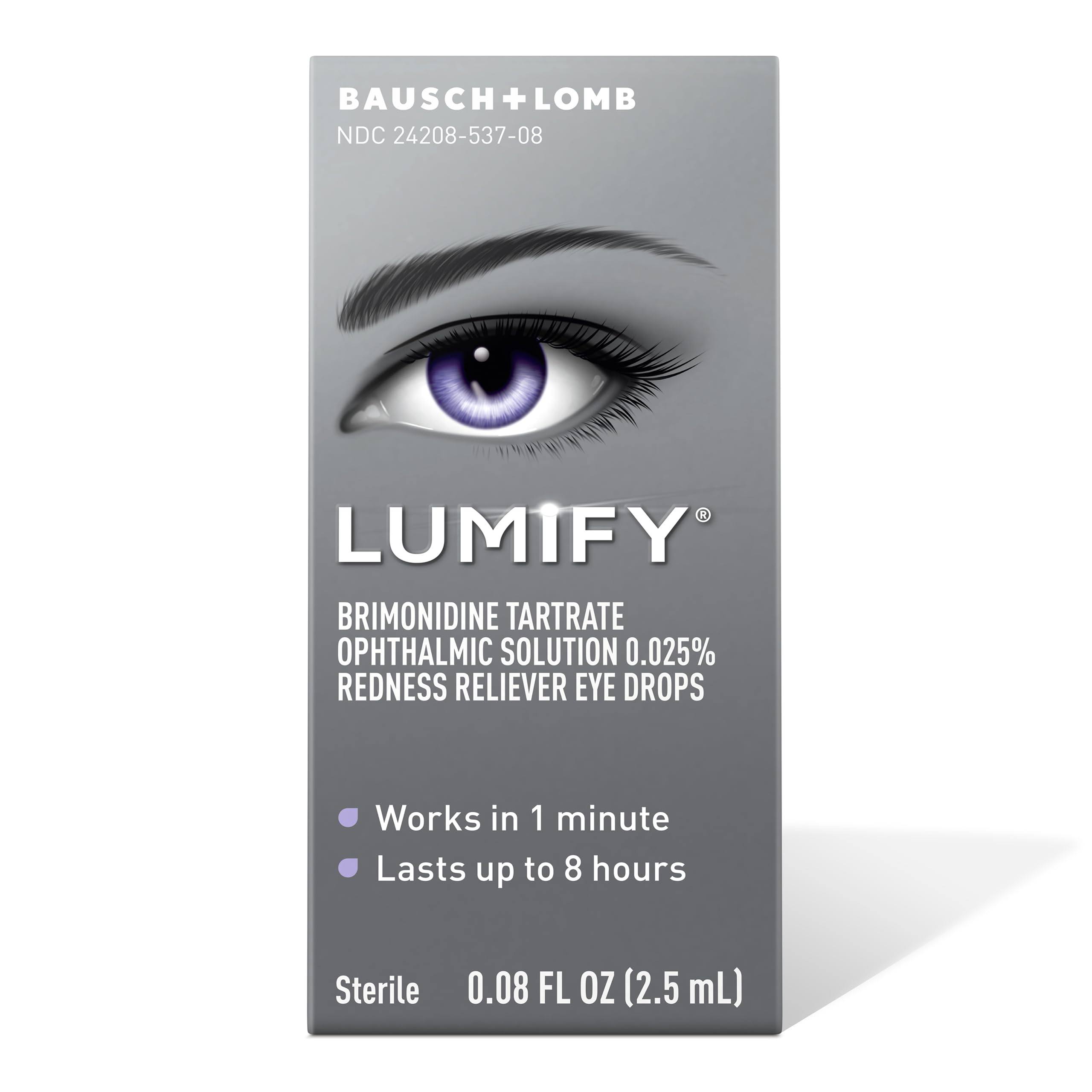 Lumify dosage closeup shows drop application and quick relief in about 60 seconds.