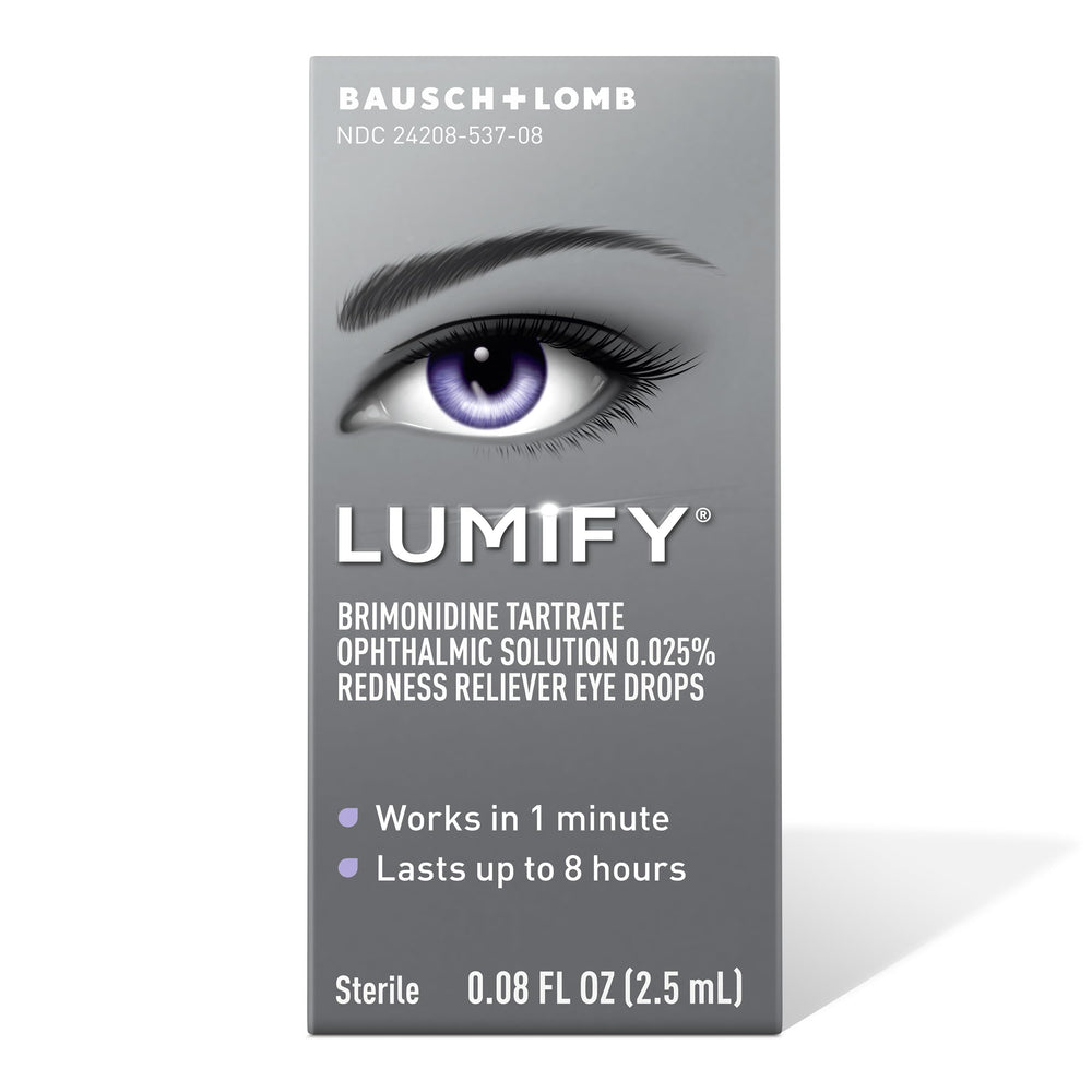 Lumify dosage closeup shows drop application and quick relief in about 60 seconds.