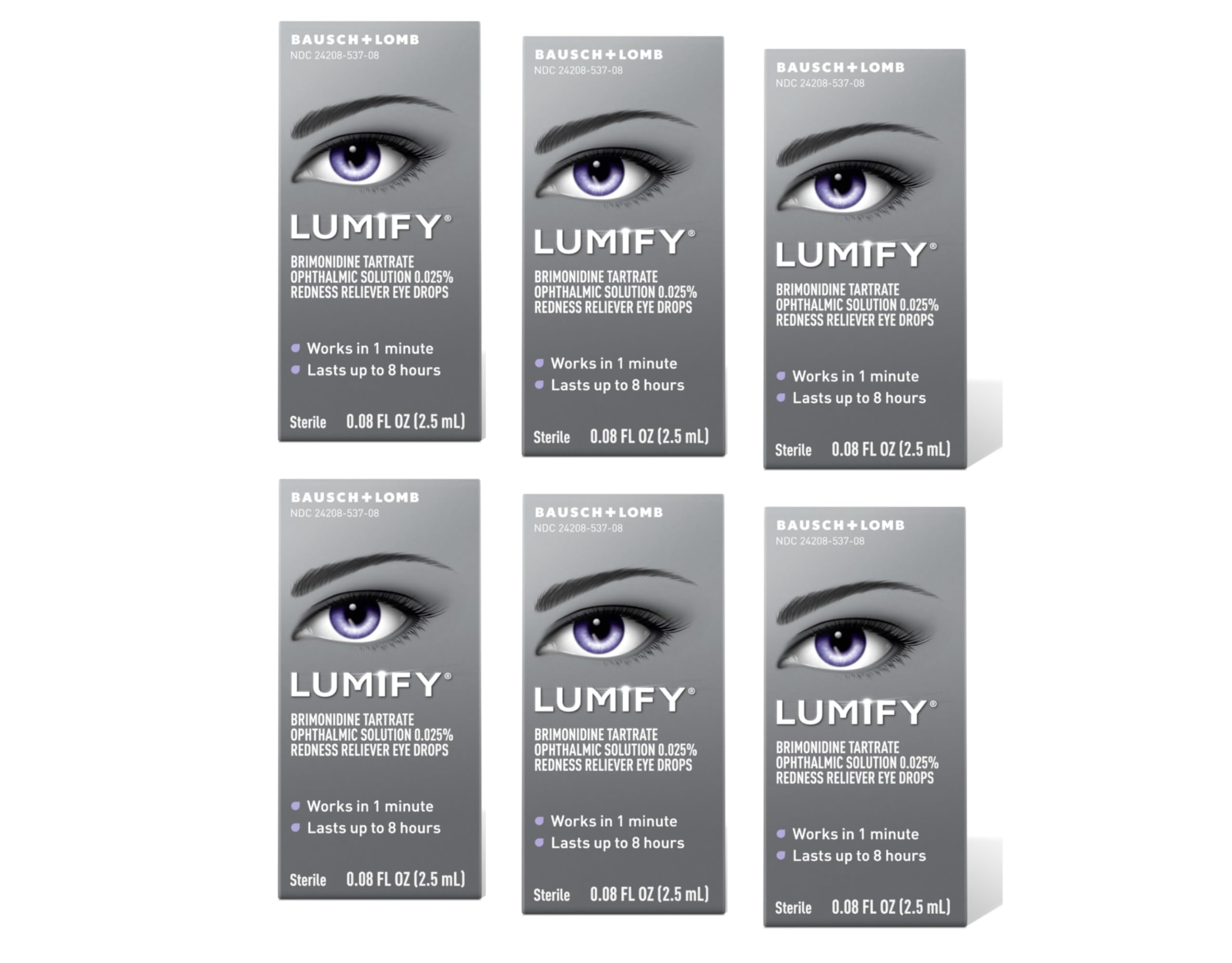 Lumify eye drops bottle demonstrates redness-relief formula for whiter-looking eyes.