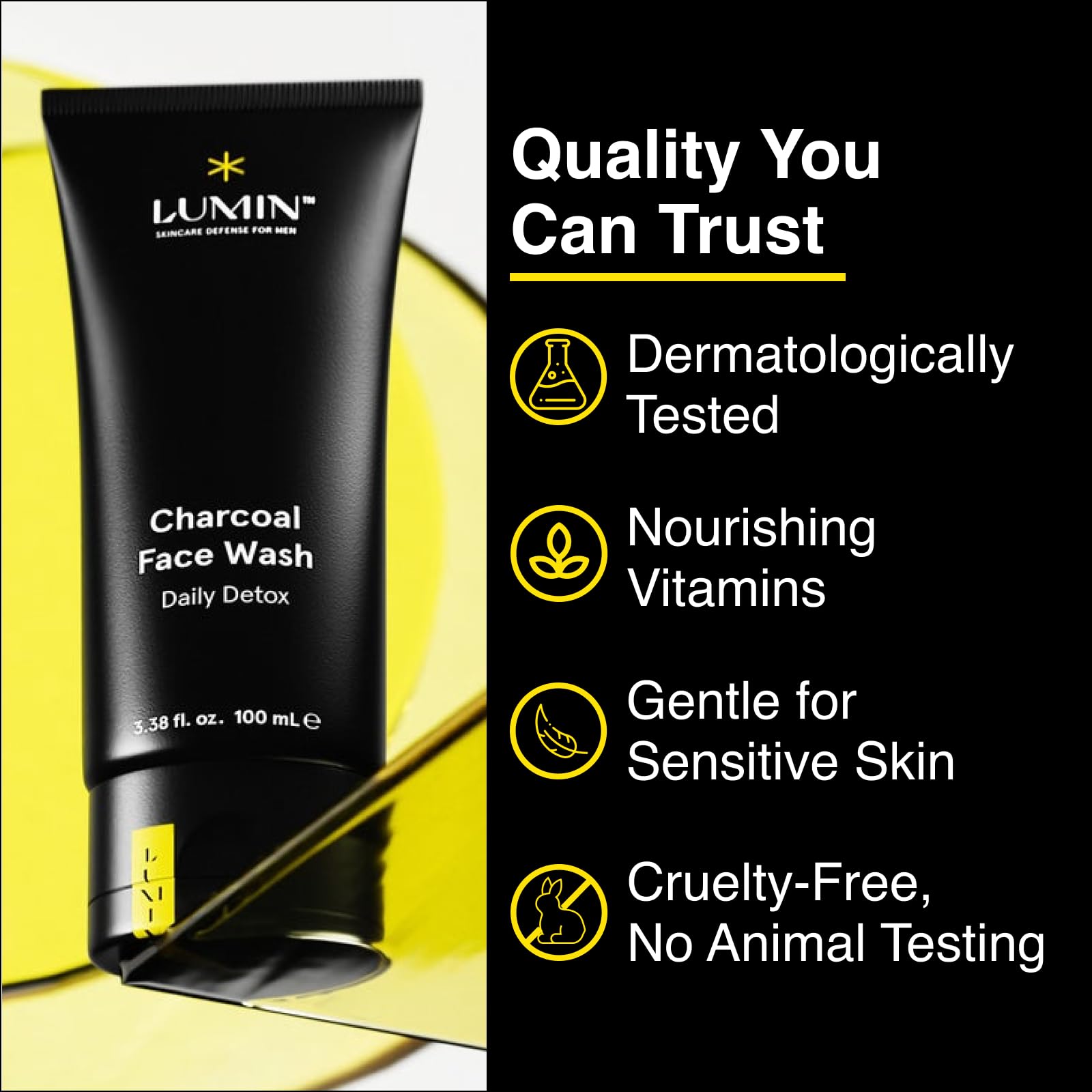 Lumin Charcoal Face Wash exfoliating-action removes dead skin for softer texture.
