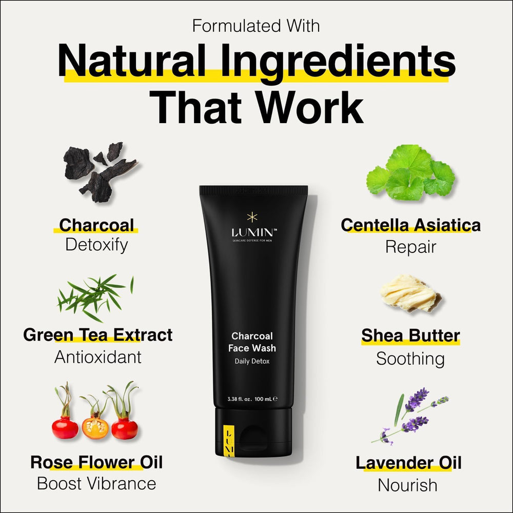 Lumin Charcoal Face Wash pump-dispense shows convenient cleansing for quick post-workout routines.