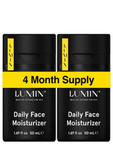 Lumin Daily Face Moisturizer for Men bottle closeup shows lightweight hydration for sensitive skin.
