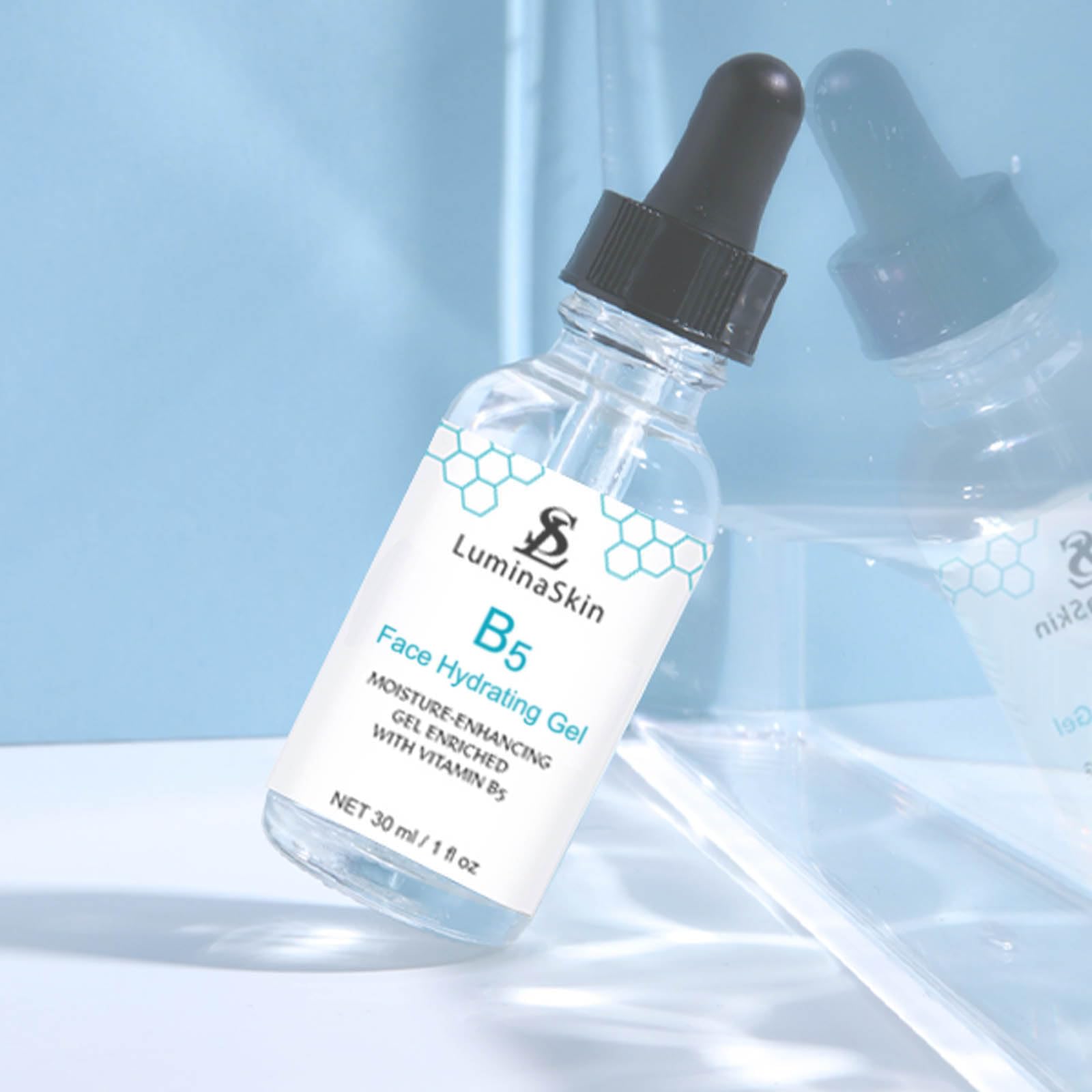 LuminaSkin B5 Gel texture swirl highlighting lightweight, fast-absorbing formula