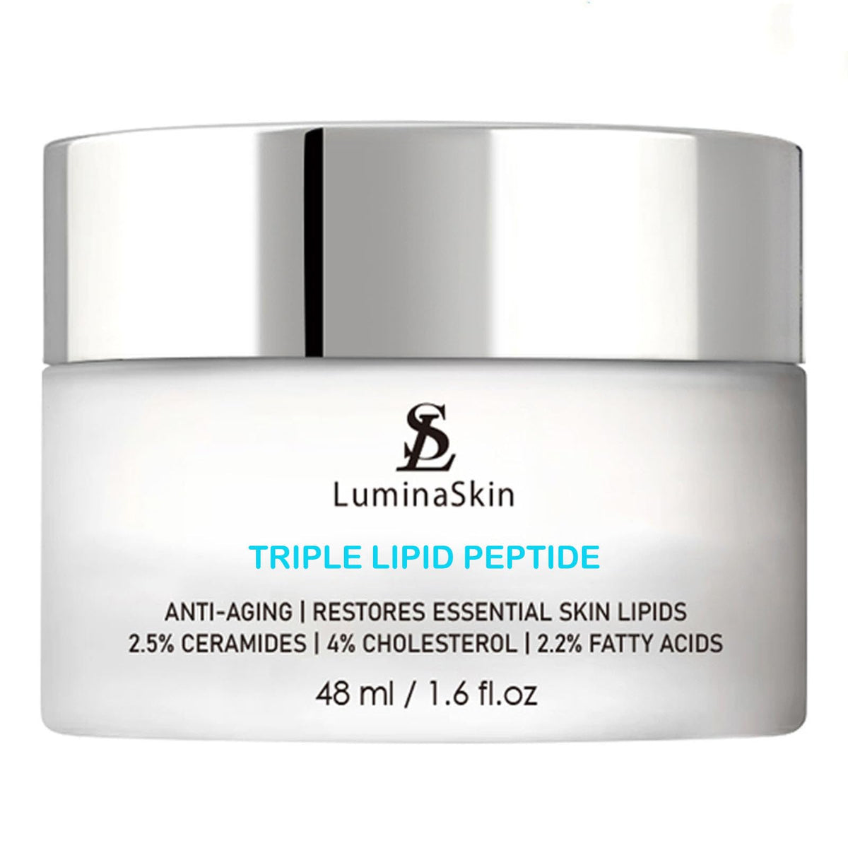 LuminaSkin Triple Lipid Lipid-Peptide jar close-up shows barrier-restoring cream