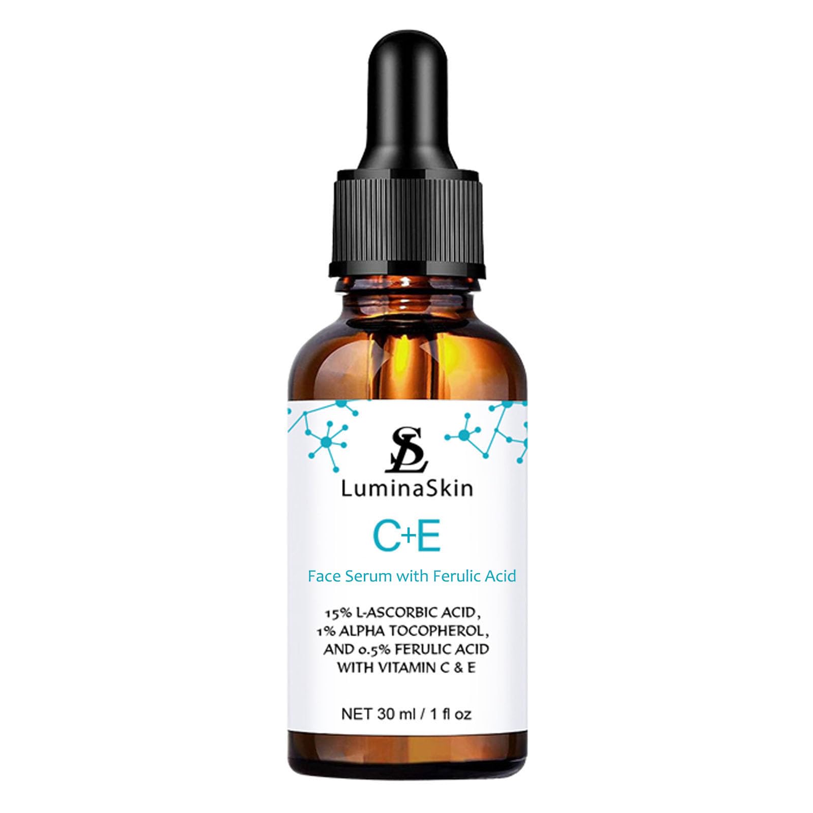 LuminaSkin Vitamin C Serum bottle close-up emphasizing antioxidant protection