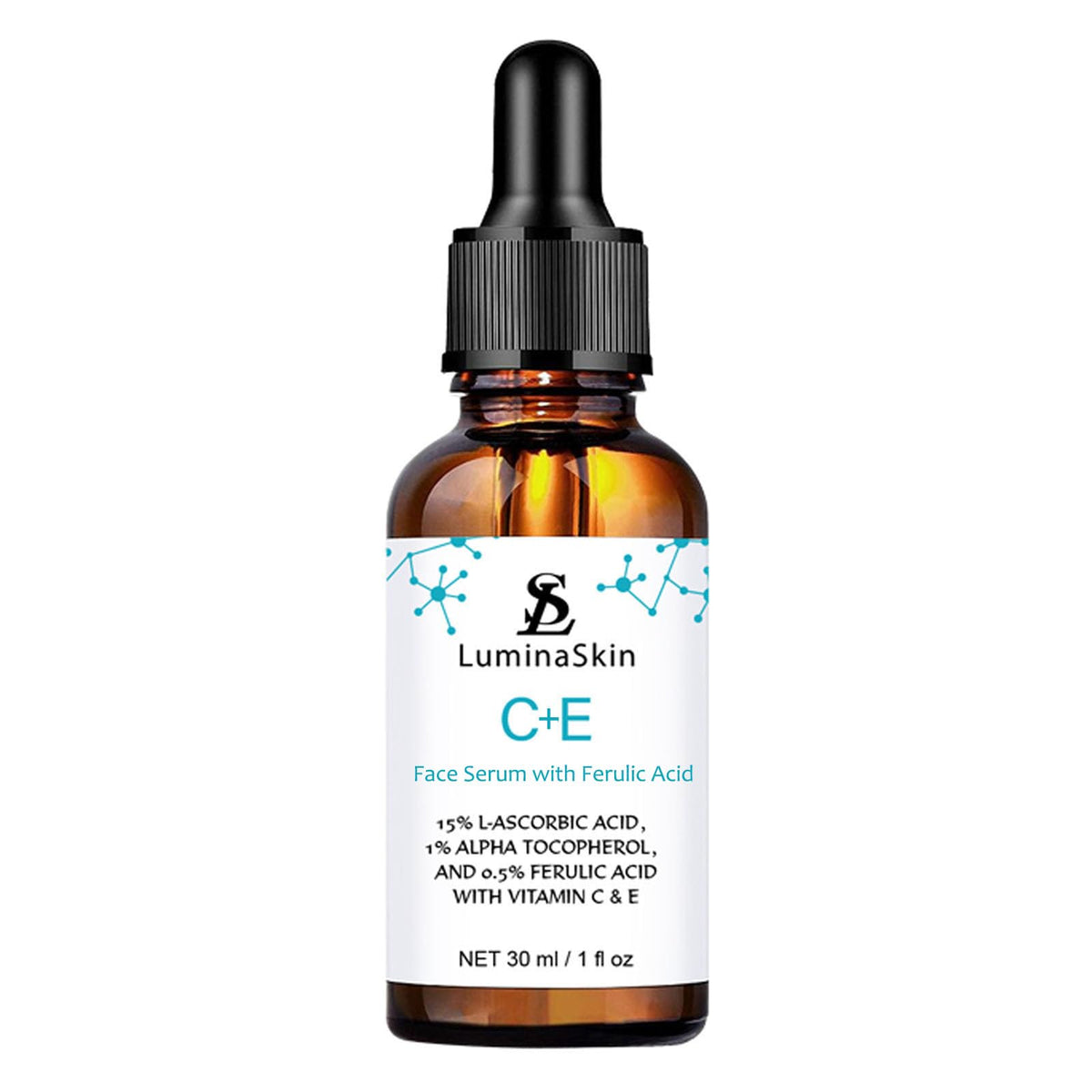 LuminaSkin Vitamin C Serum bottle close-up emphasizing antioxidant protection