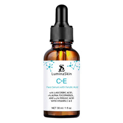 LuminaSkin Vitamin C Serum bottle close-up emphasizing antioxidant protection