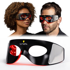 Luminator LED Eye Mask closeup demonstrates red light therapy for smoother under-eye skin.