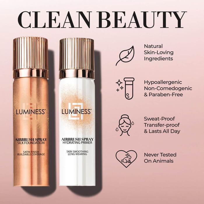 LUMINESS airbrush mist demo shows even spray application for even skin tone.
