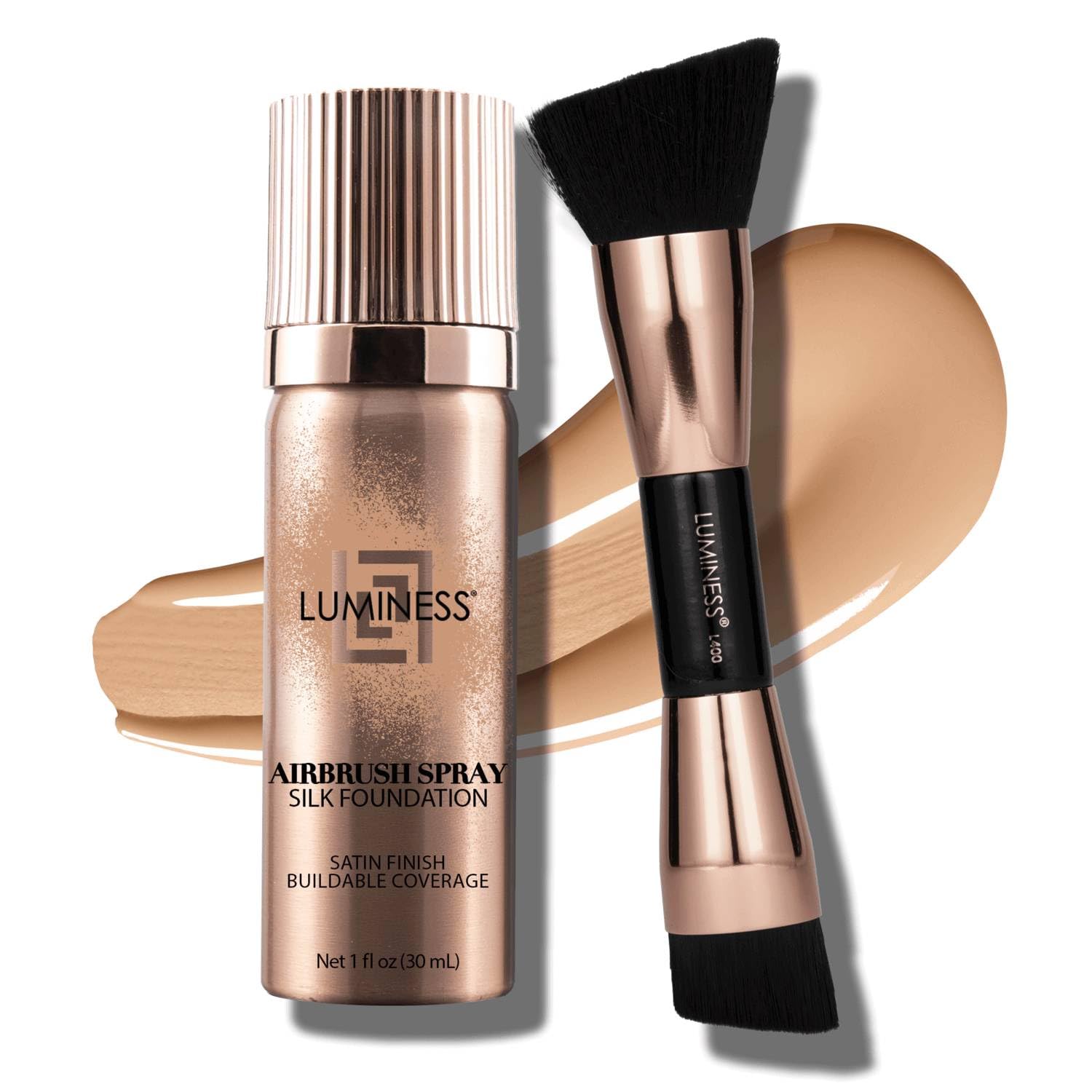 LUMINESS Silk Airbrush Foundation bottle close-up highlighting buildable coverage for radiant skin