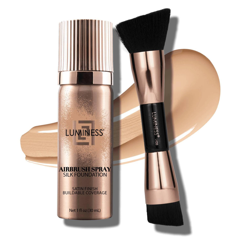 LUMINESS Silk Airbrush Foundation bottle demonstrates buildable coverage for radiant skin.
