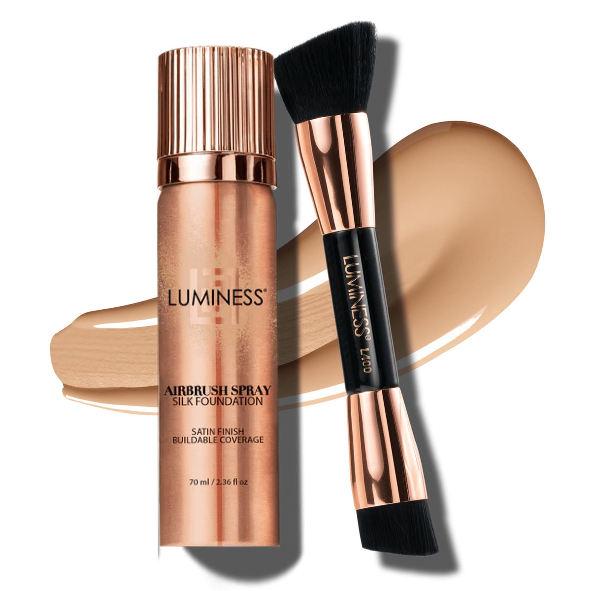 LUMINESS Silk Foundation bottle showcases full-coverage option for a flawless complexion.