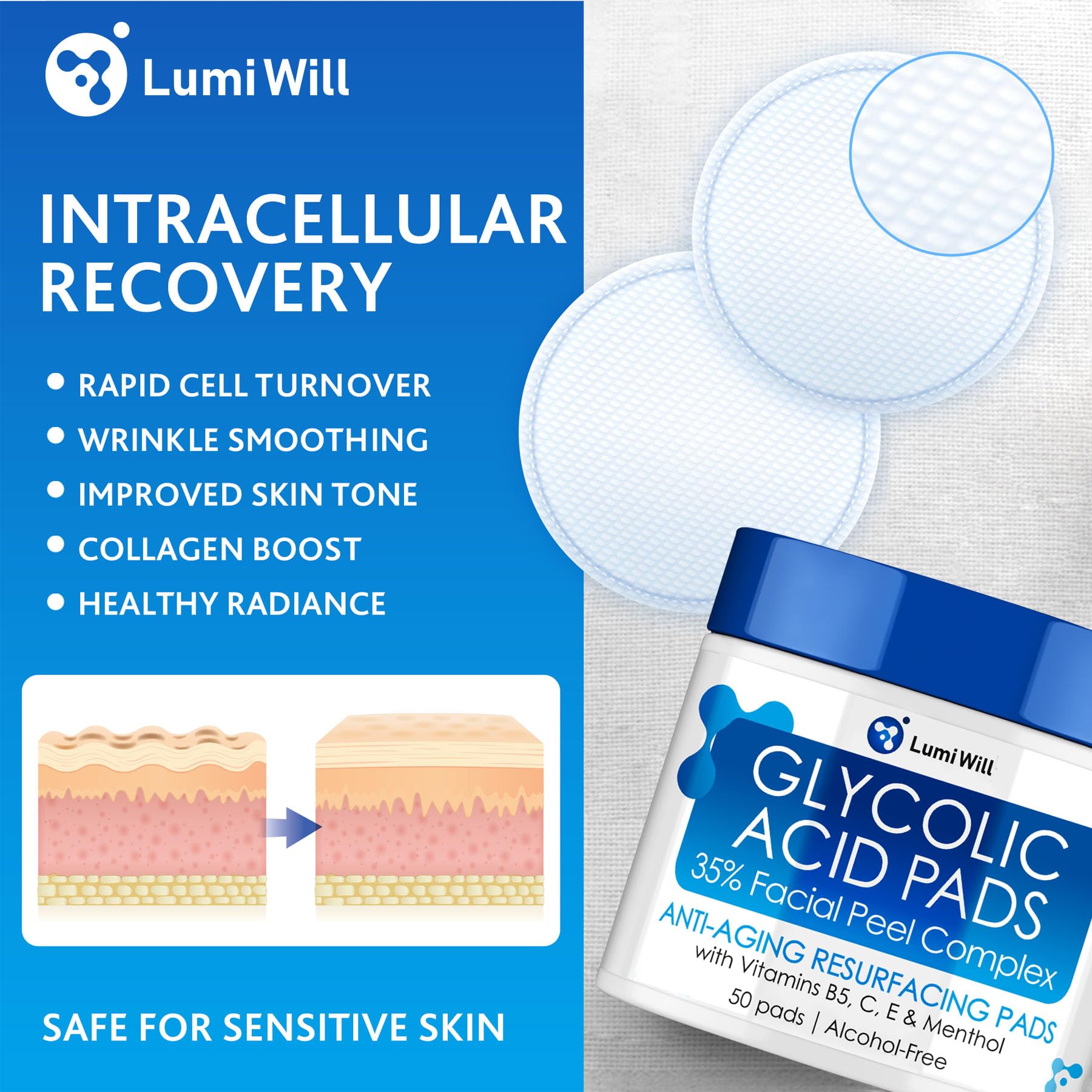 LumiWill exfoliation pad shown on skin for refined pores