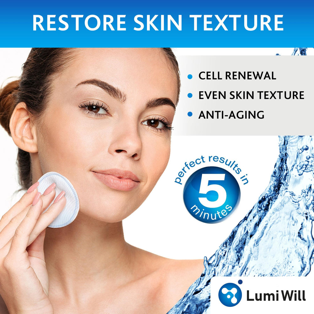LumiWill glycolic pad packaging highlighting 50 pre soaked pads