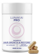 Lunakai PRO hair growth bottle shows daily support for fuller-looking hair.