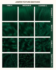 Lunar Tides Juniper on hair strands shows bold, cool-toned tint.