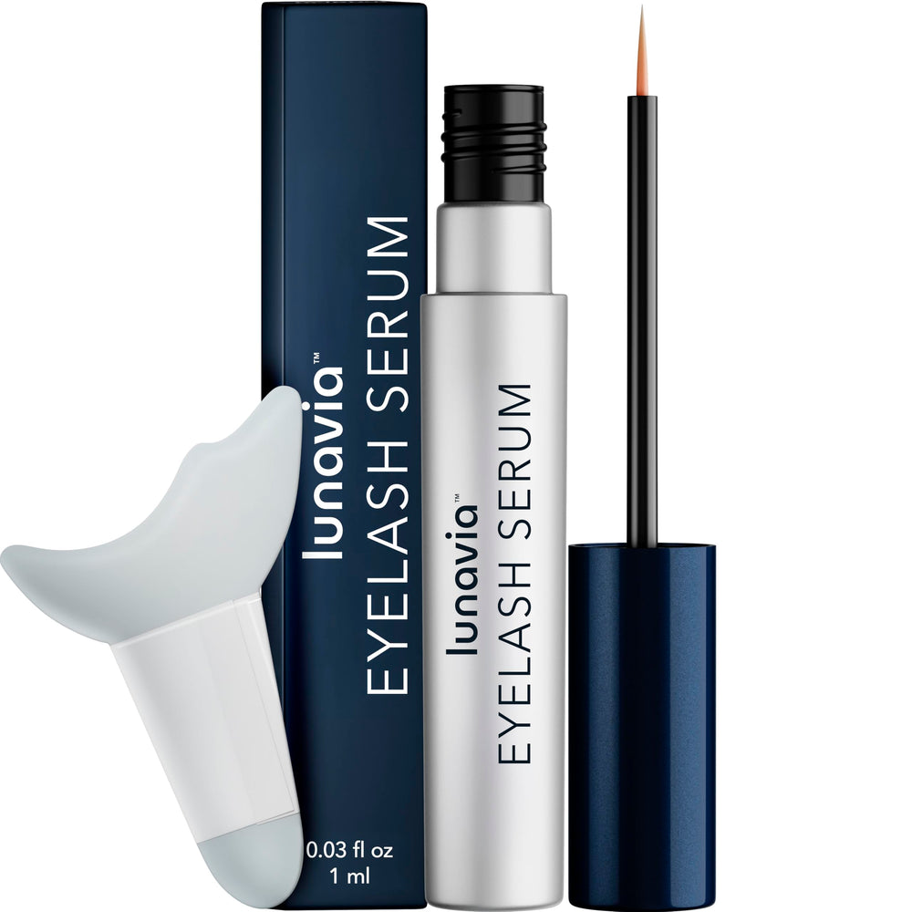 Lunavia Eyelash Serum bottle with pour spout ready for nightly conditioning