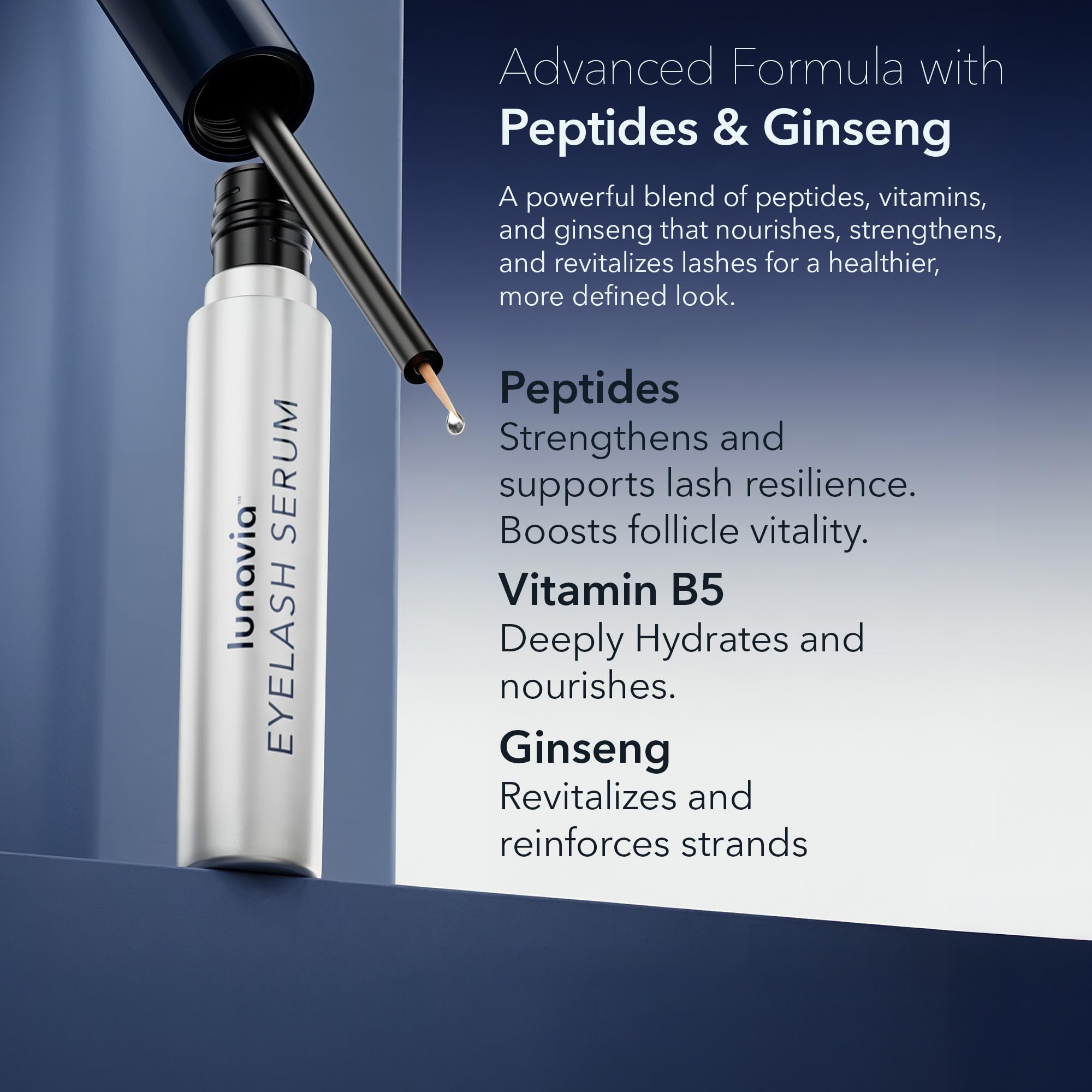 Lunavia Eyelash Serum on a nightstand during a calming nightly ritual