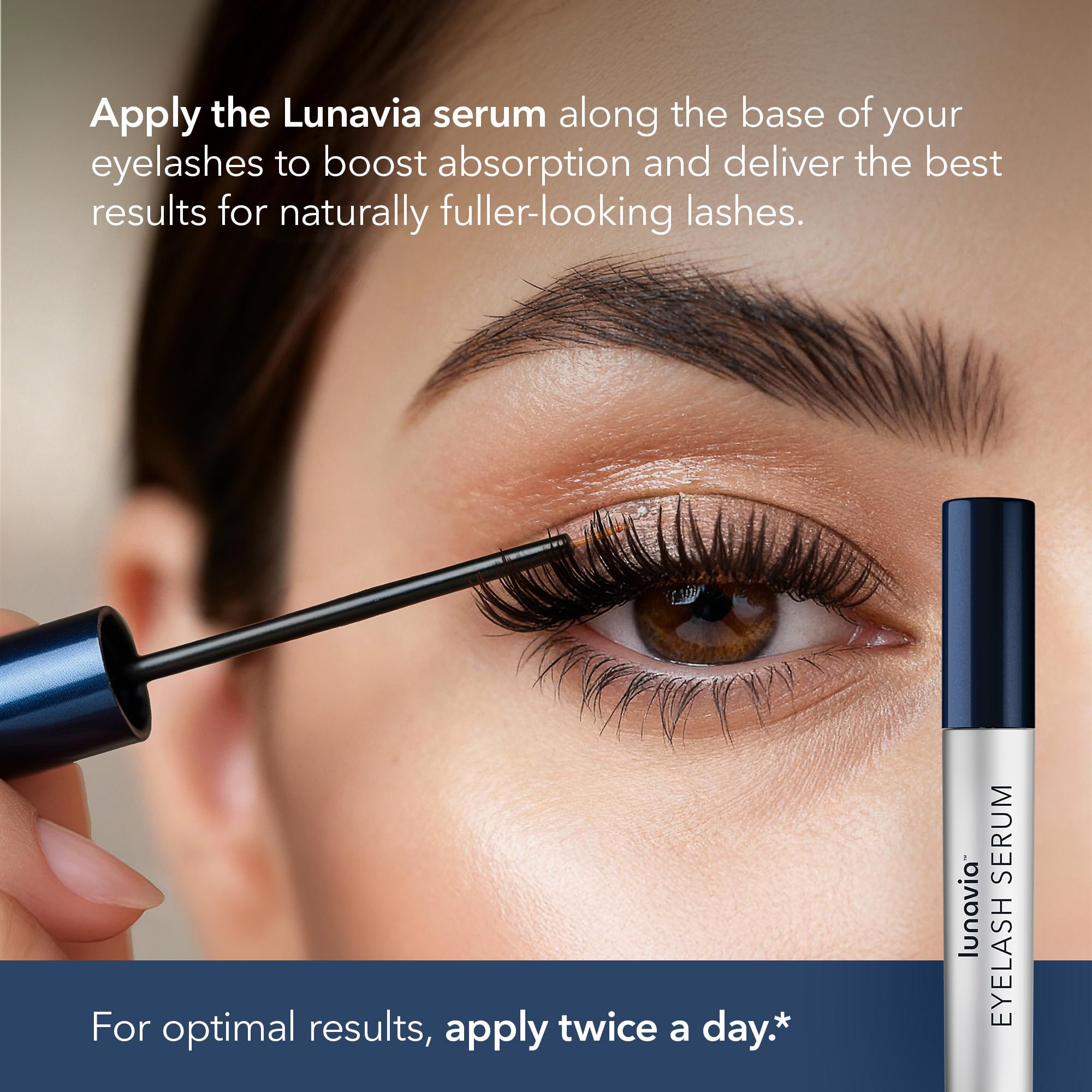 Lunavia Eyelash Serum tube and label closeup showcasing nourishing peptide and botanical blend