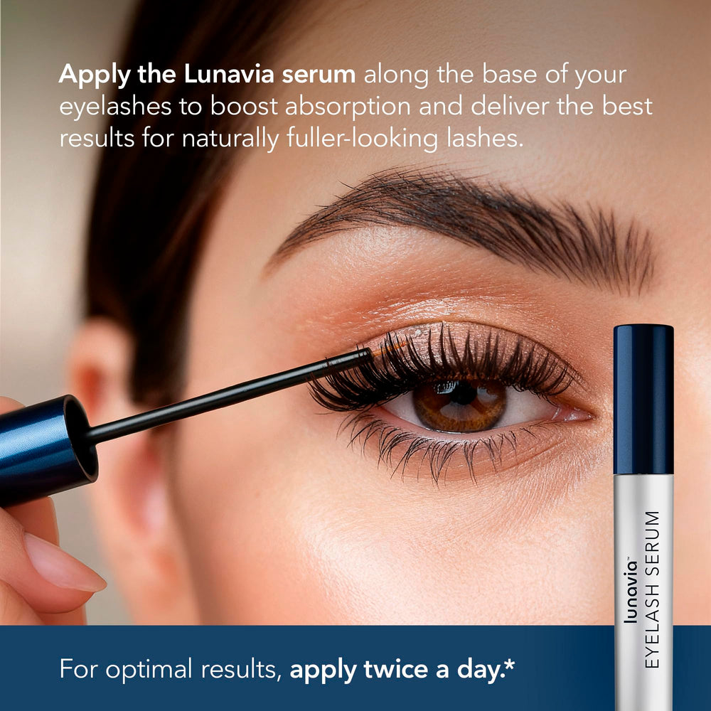 Lunavia Eyelash Serum tube and label closeup showcasing nourishing peptide and botanical blend