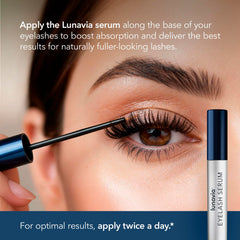 Lunavia Eyelash Serum tube and label closeup showcasing nourishing peptide and botanical blend