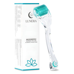 Lunèra derma roller face close-up with 192 titanium needles for smoother skin prep.