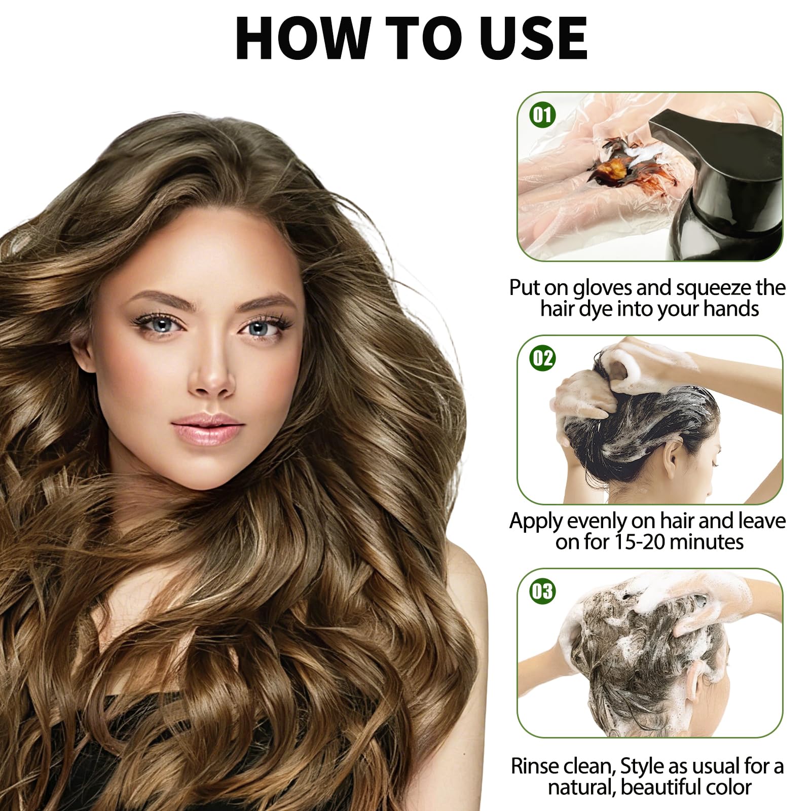 Lunory apply-to-dry-hair-step image shows a simple 5-minute massage.