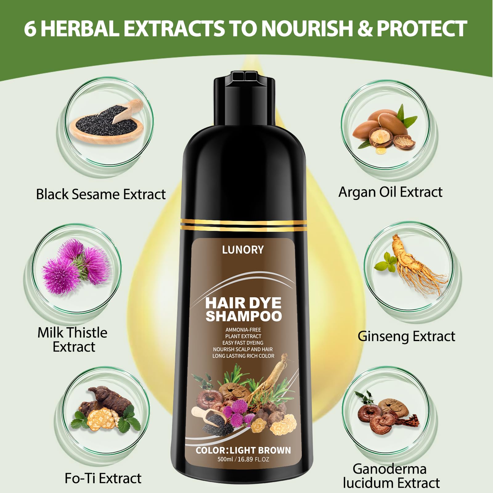 Lunory argan-oil-ginseng-herbal-blend bottle highlights nourishing botanicals for hair health.
