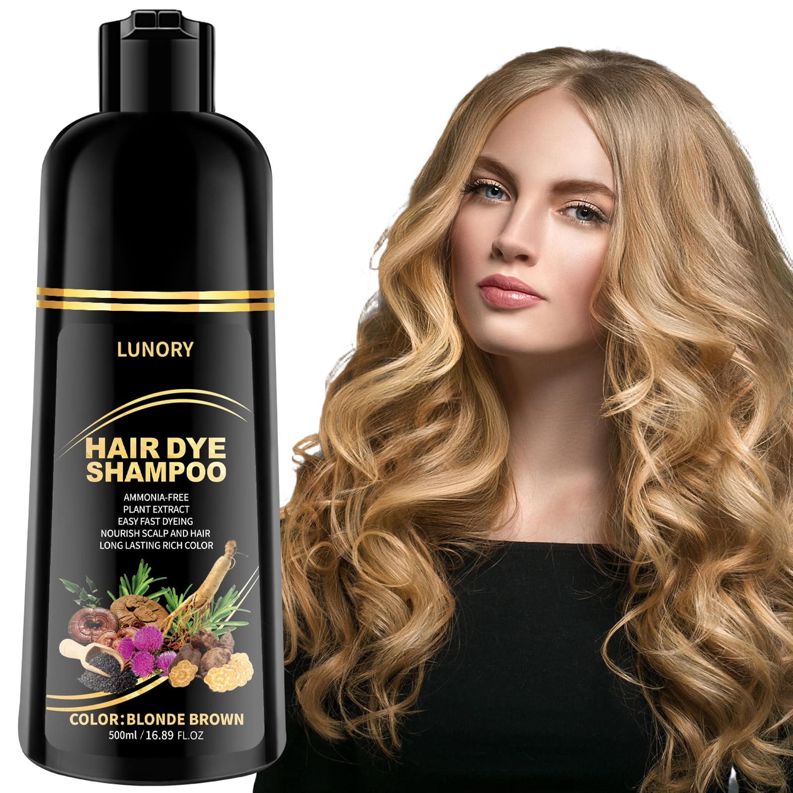 Lunory Blonde Brown Hair Dye Shampoo bottle pour for quick gray coverage.