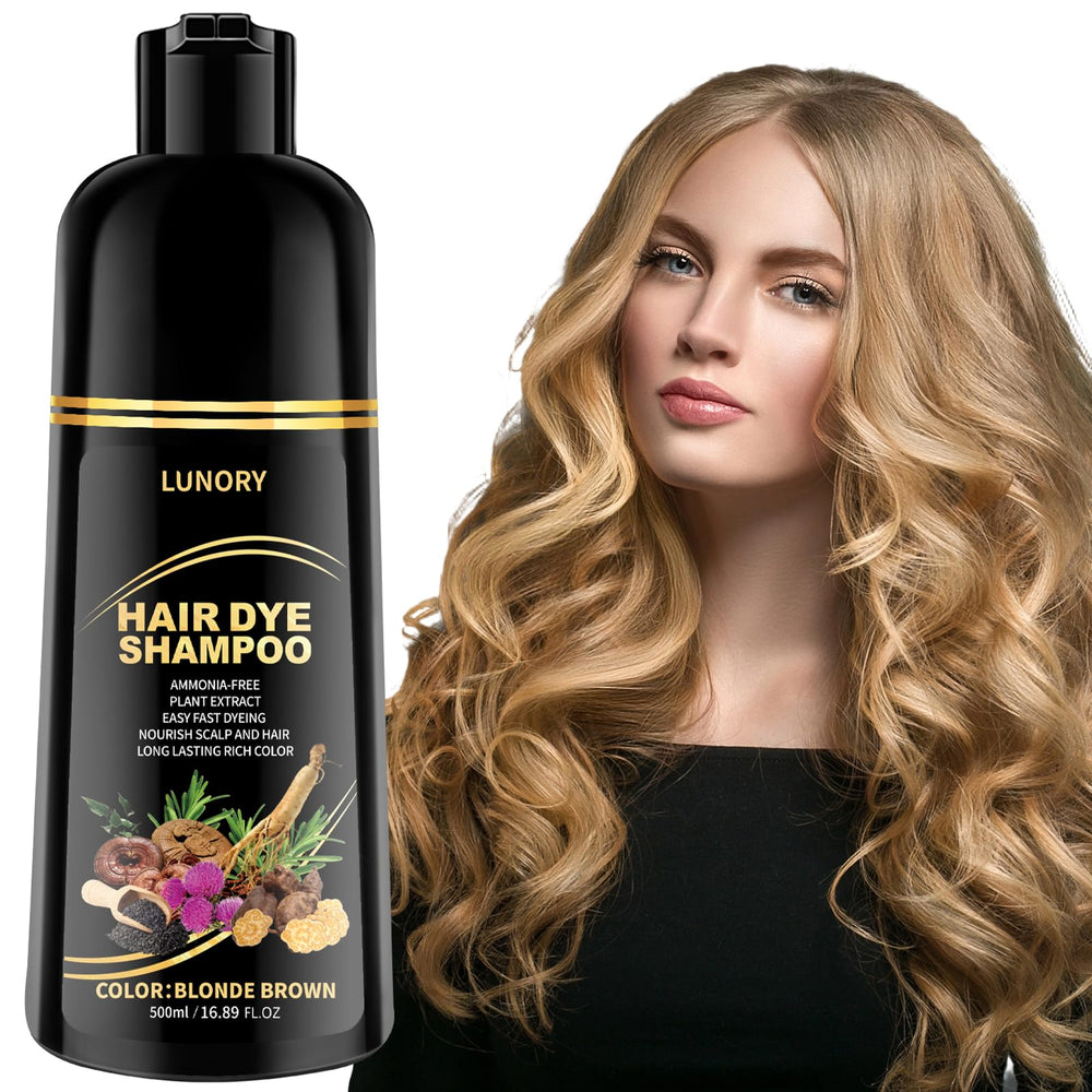 Lunory Blonde Brown Hair Dye Shampoo bottle pour for quick gray coverage.