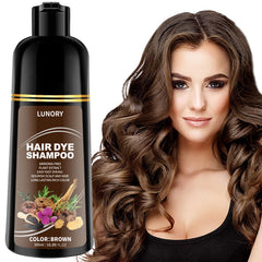 Lunory Brown Hair Dye Shampoo bottle provides at-home gray coverage.