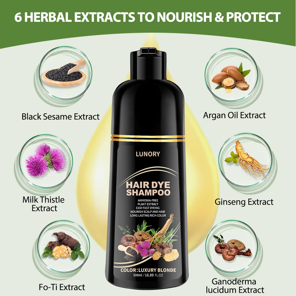 Lunory light blonde hair dye shampoo shows application to dry hair for easy color.