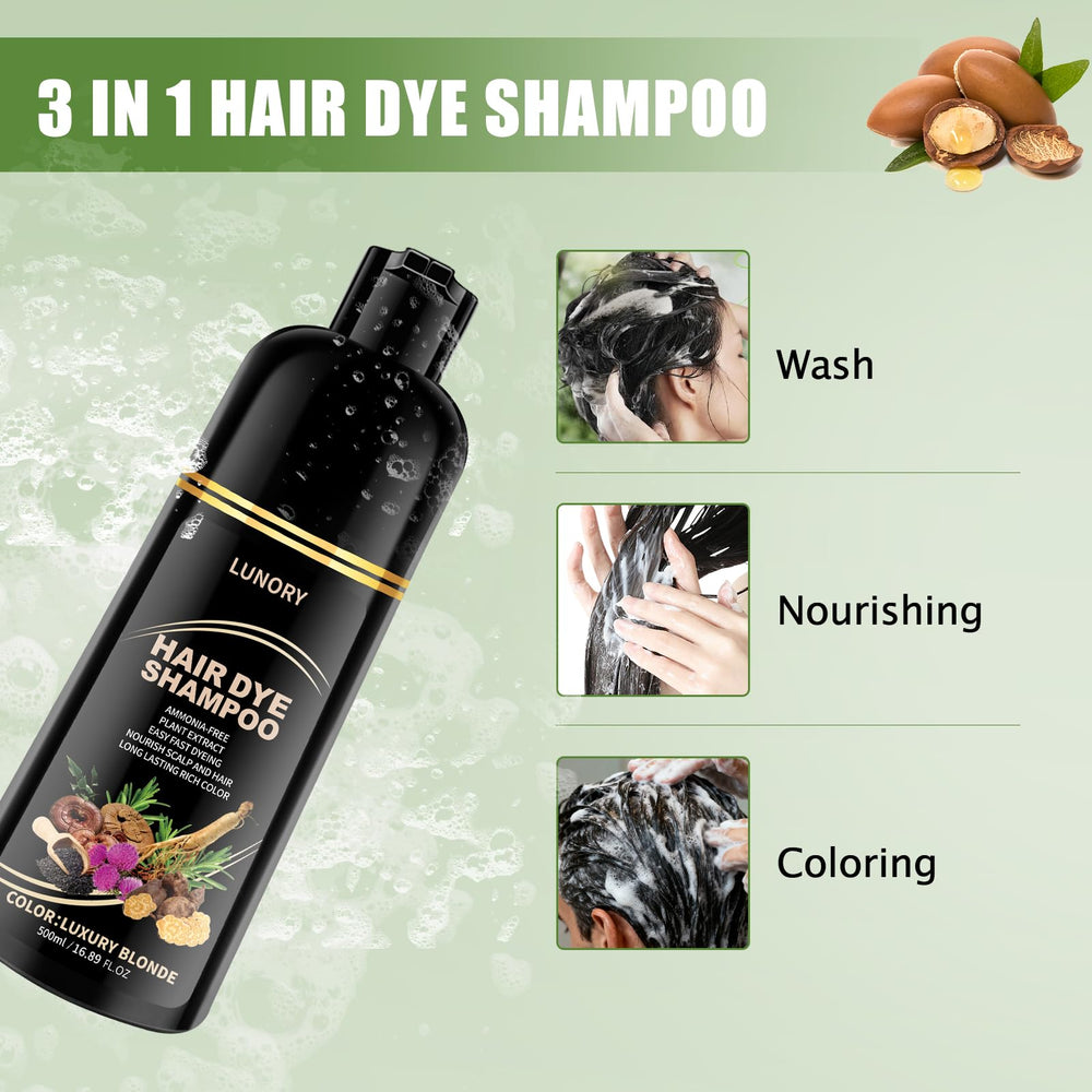 Lunory light blonde hair dye shampoo ingredients with natural botanicals provide cleansing and conditioning.