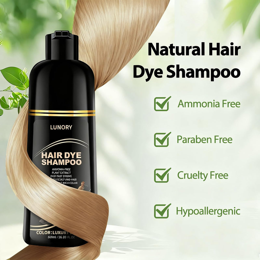 Lunory light blonde hair dye shampoo demonstrates a 20–25 minute wait for even color.