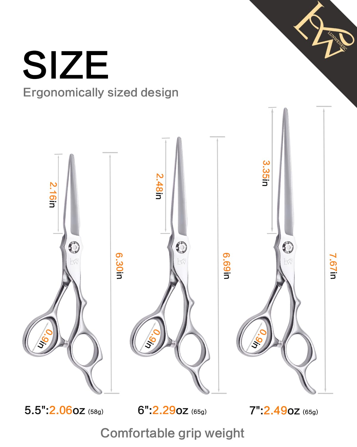 Lunwenksc hair cutting scissors ergonomic handle highlights comfortable grip for long cuts