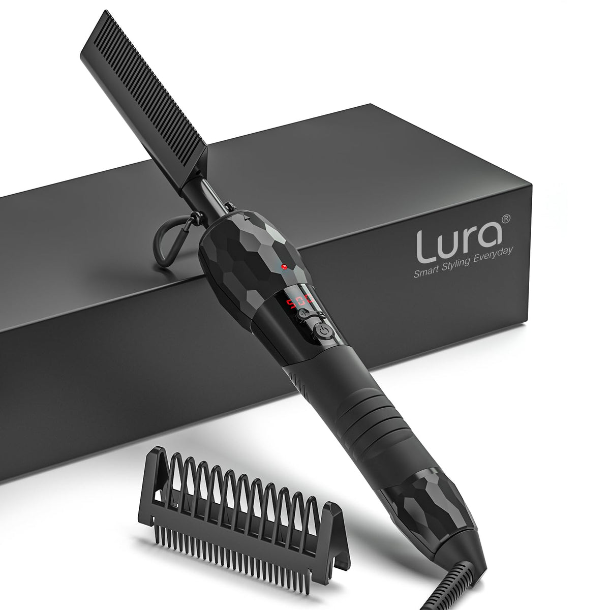 LURA hot comb with digital display showing precise temperature for styling