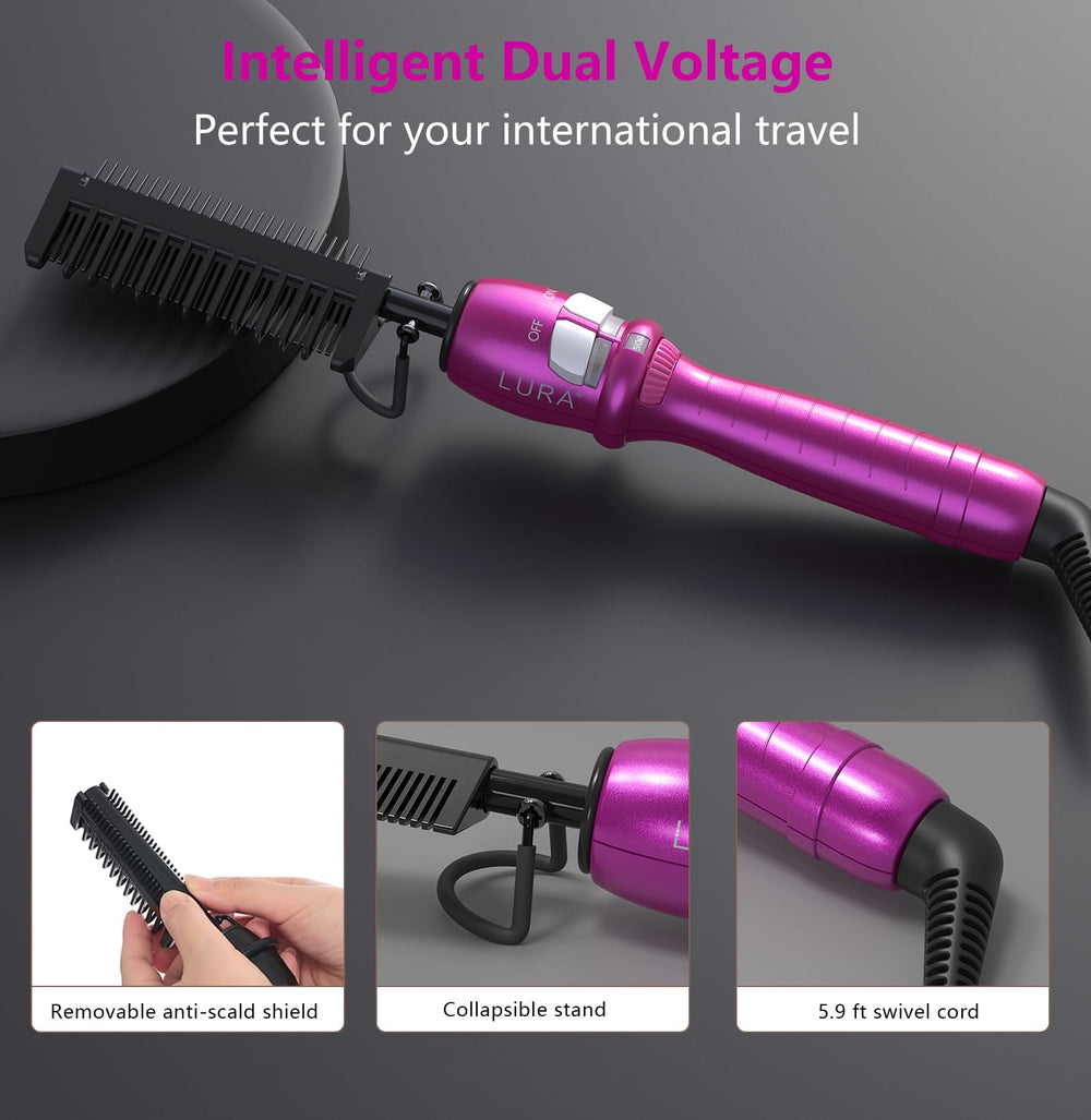 LURA pink hot comb anti-scald shield in action protecting scalp during styling