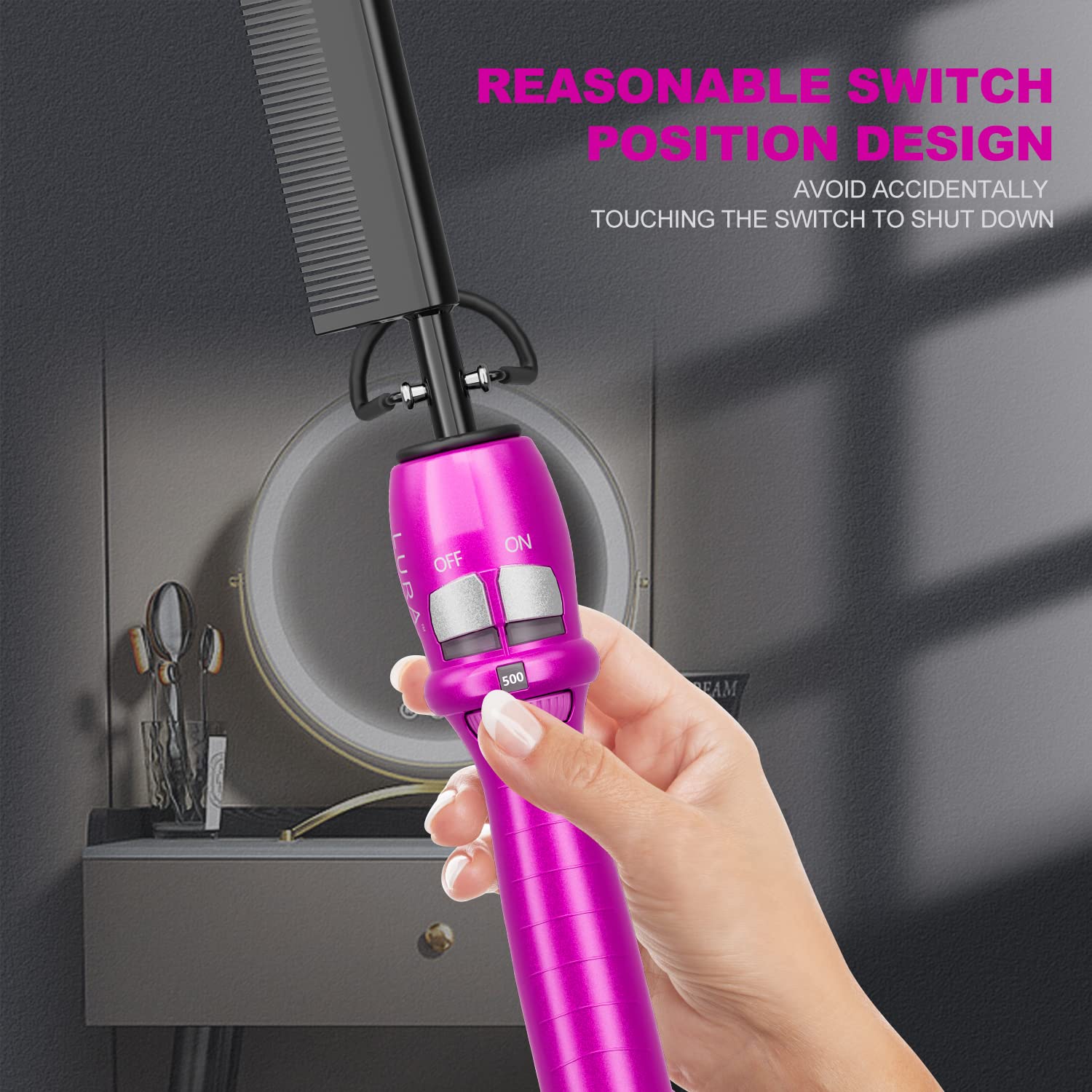 LURA pink hot comb top-switch design view emphasizing safer, precise control