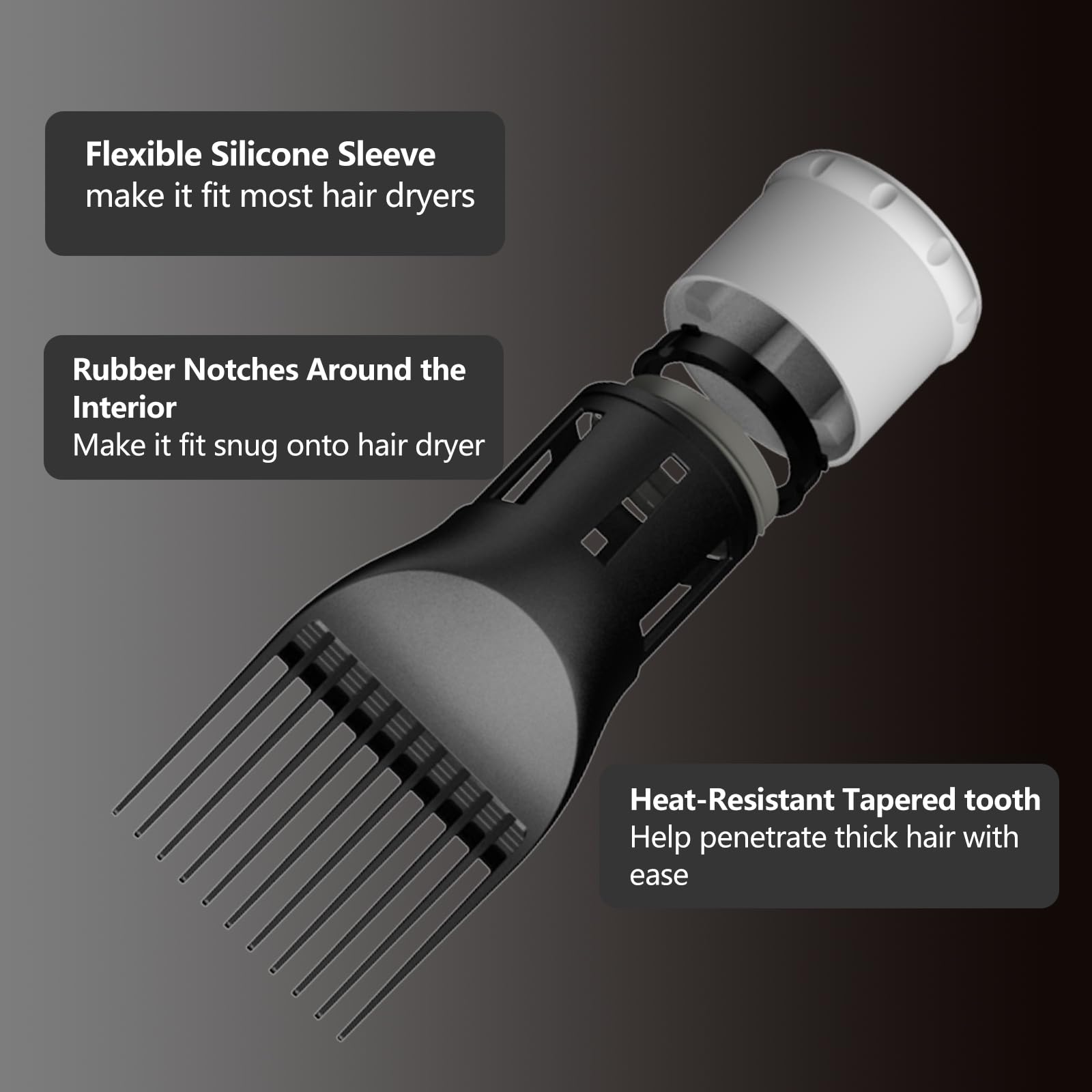 LURA blow dryer comb attachment mounted on a dryer with flexible silicone sleeve