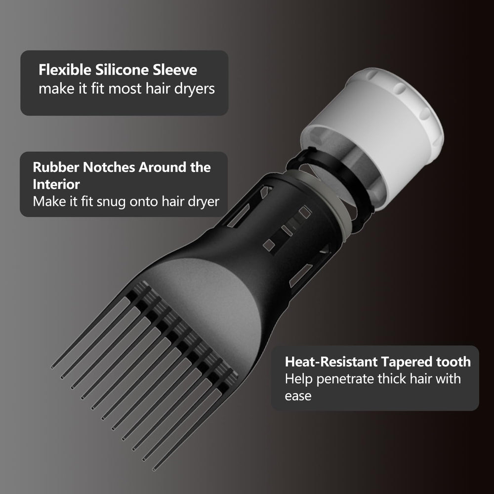 LURA blow dryer comb attachment mounted on a dryer with flexible silicone sleeve