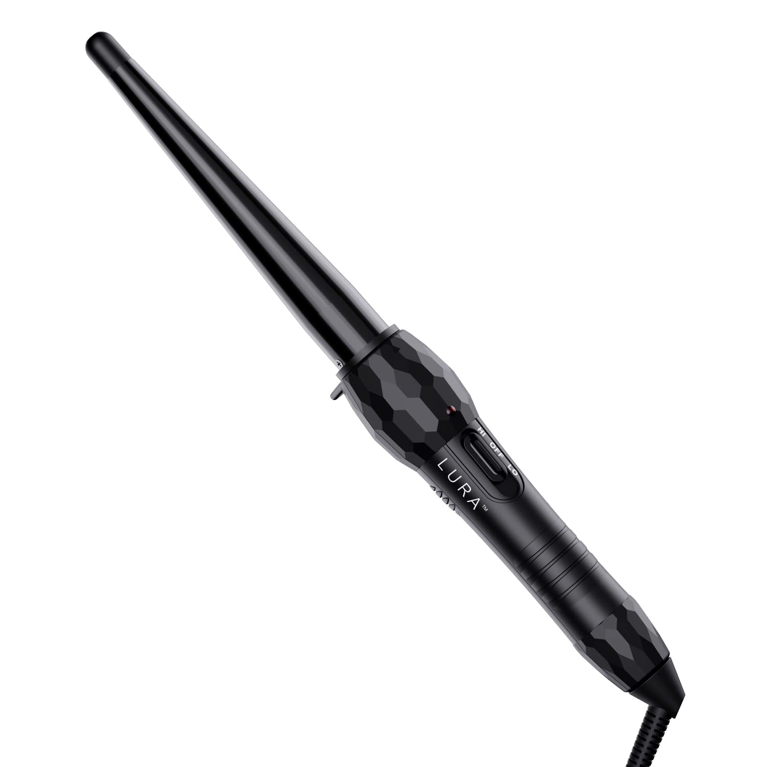 LURA curling wand close-up showing ceramic-tourmaline coating for smooth frizz-free curls