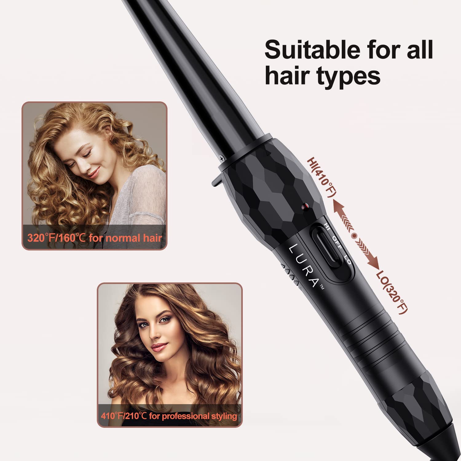 LURA curling wand heat dial highlighting three-layer ceramic surface